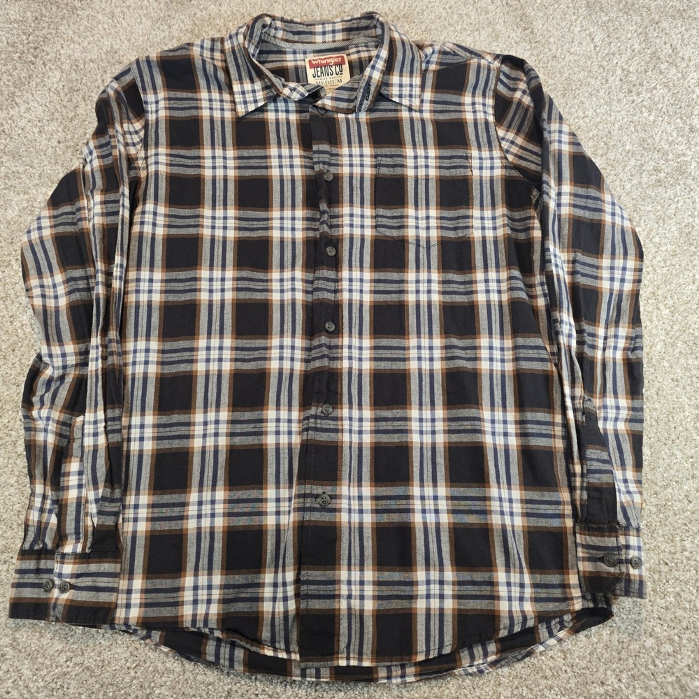 Wrangler Jeans Co Mens Medium Plaid Button Down Shirt Black Brown Blue JLP3CWA